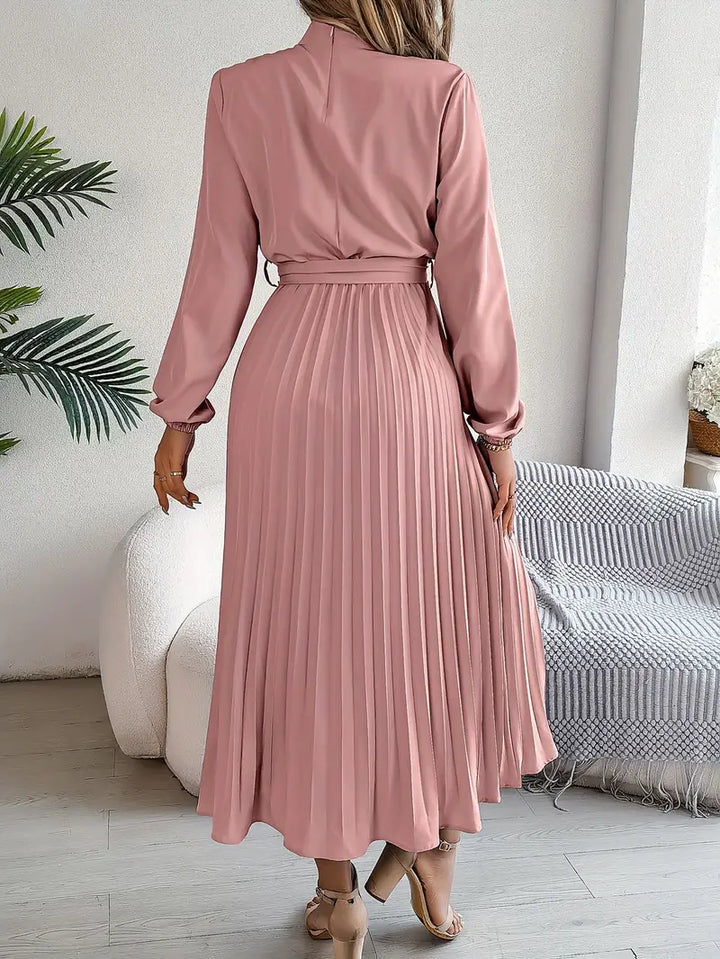 Celeste | Pleated Belted Mock-Neck Midi Dress