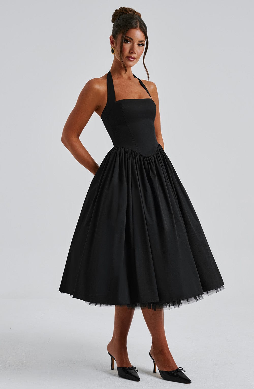 Arabella | Halter Neck Corset Bodice Full Skirt Midi Dress