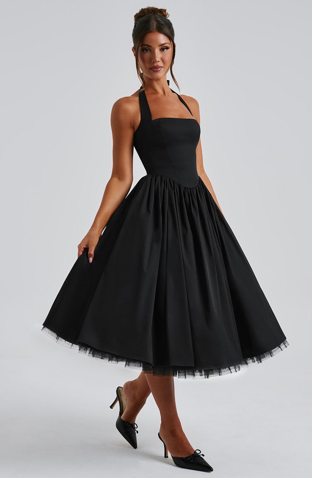 Arabella | Halter Neck Corset Bodice Full Skirt Midi Dress