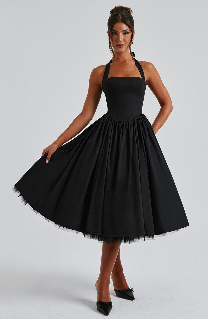 Arabella | Halter Neck Corset Bodice Full Skirt Midi Dress