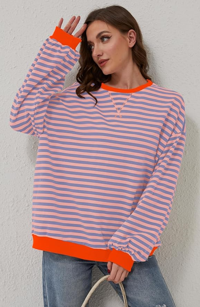 Pippa | Oversized Stripe Contrast-Trim Batwing Knit Sweater