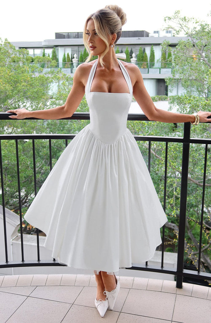 Arabella | Halter Neck Corset Bodice Full Skirt Midi Dress
