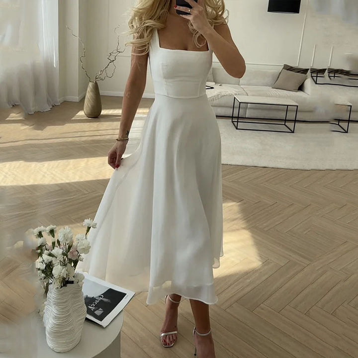 Blanche | Square Neck Corset Bodice Chiffon Midi Dress