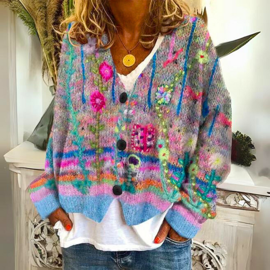 Freyana | Women's Floral Embroidered Chunky Knit Cardigan
