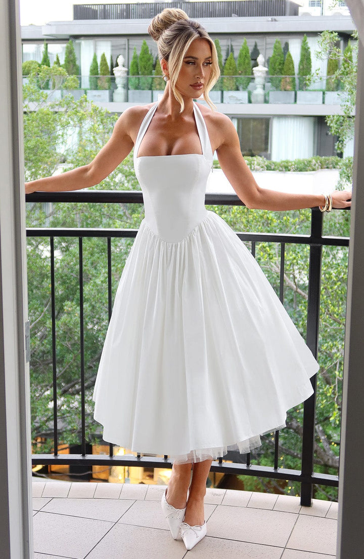 Arabella | Halter Neck Corset Bodice Full Skirt Midi Dress