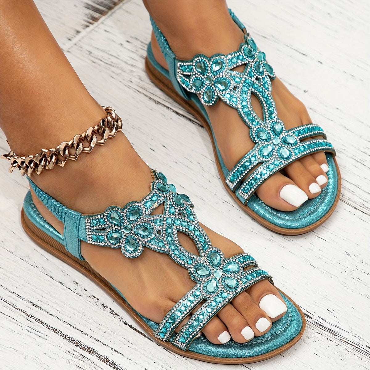 Charlotte | Women's Rhinestone Flower Flat Sandals