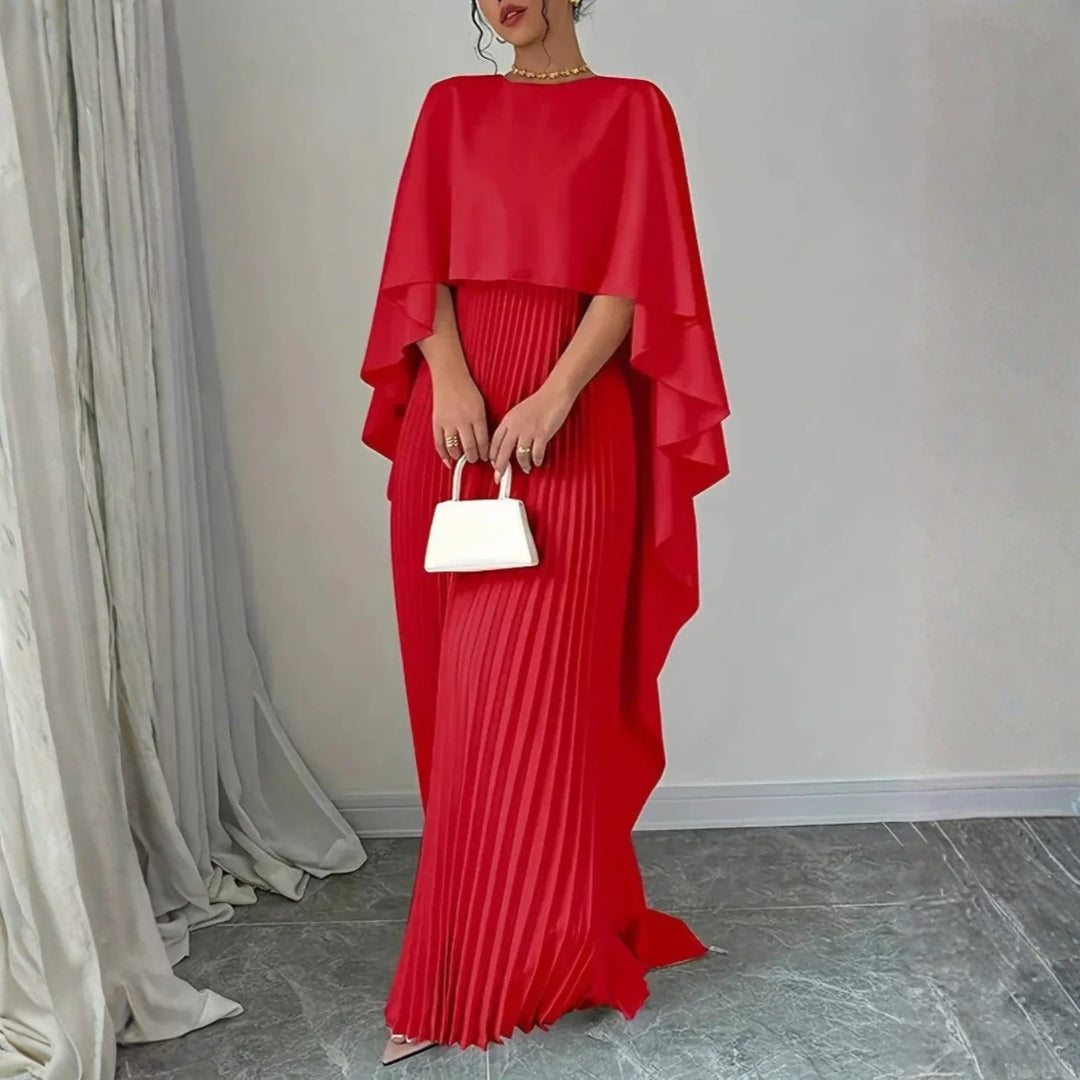 Denisa | Women's Cape Overlay Pleated Maxi Dress