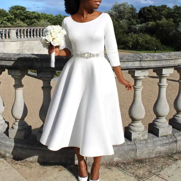 Grace | Scoop Neck Three-Quarter Sleeve Embellished Waist Midi Dress