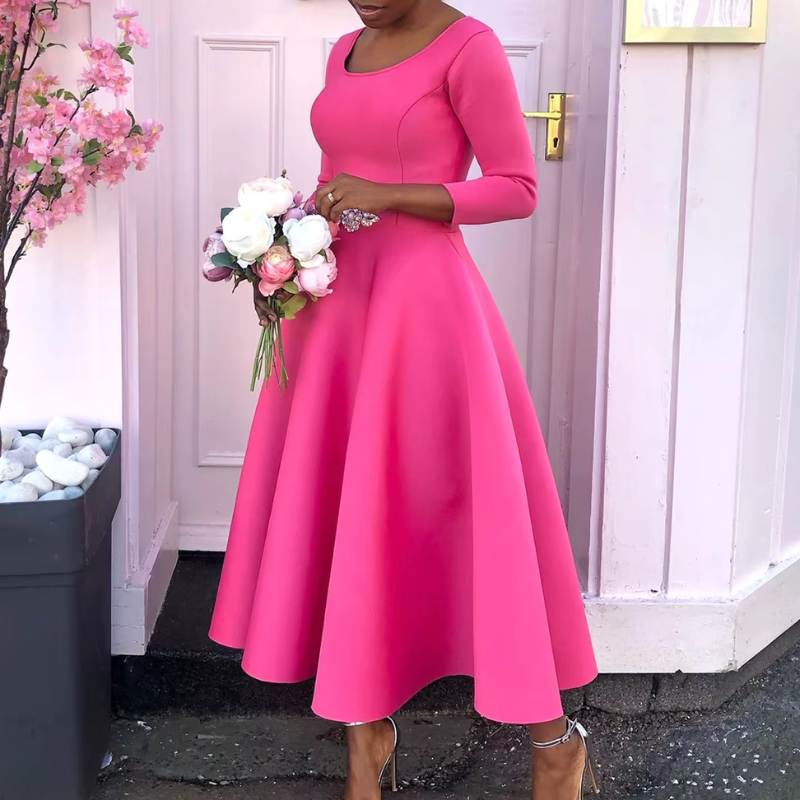 Grace | Scoop Neck Three-Quarter Sleeve Embellished Waist Midi Dress