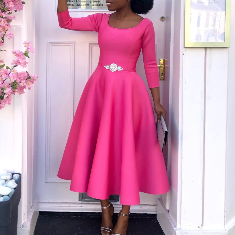 Grace | Scoop Neck Three-Quarter Sleeve Embellished Waist Midi Dress