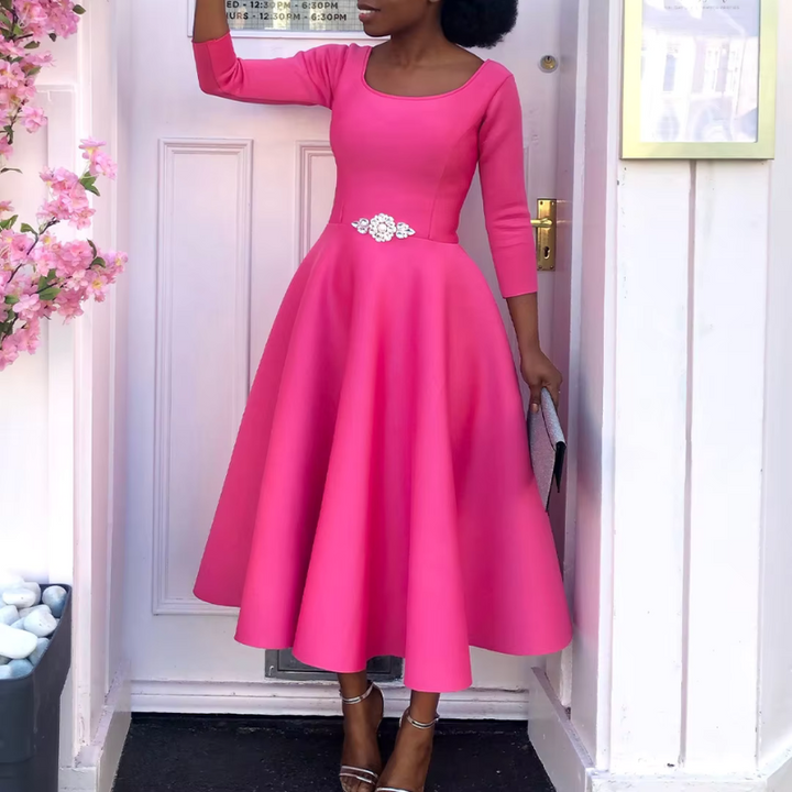 Grace | Scoop Neck Three-Quarter Sleeve Embellished Waist Midi Dress