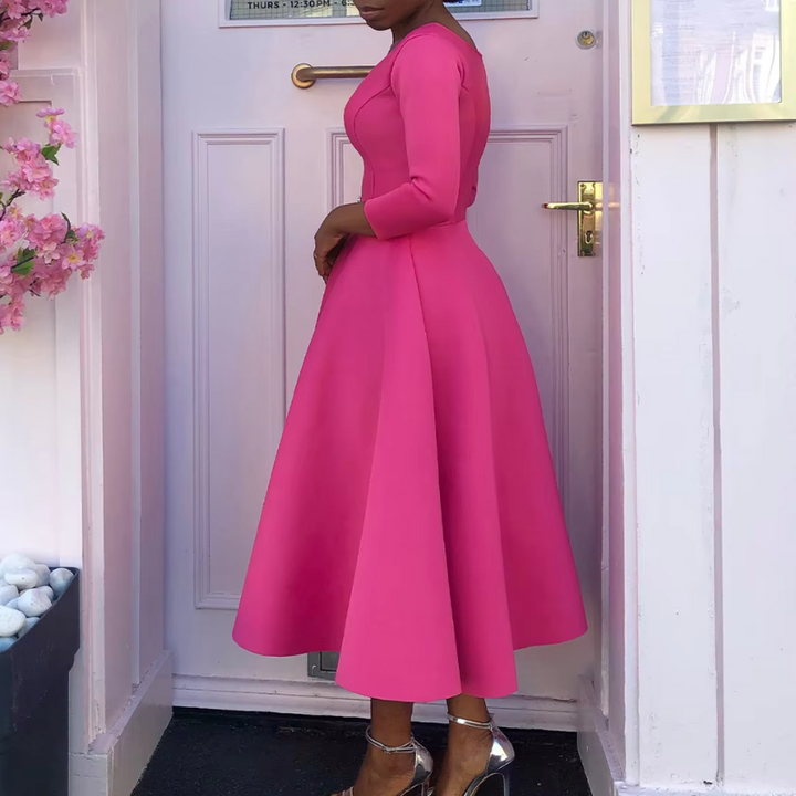Grace | Scoop Neck Three-Quarter Sleeve Embellished Waist Midi Dress