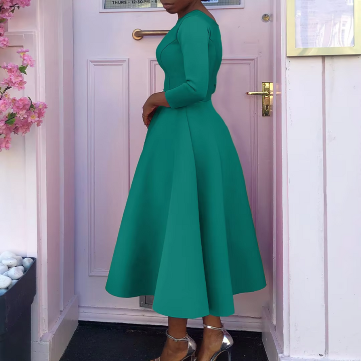 Grace | Scoop Neck Three-Quarter Sleeve Embellished Waist Midi Dress