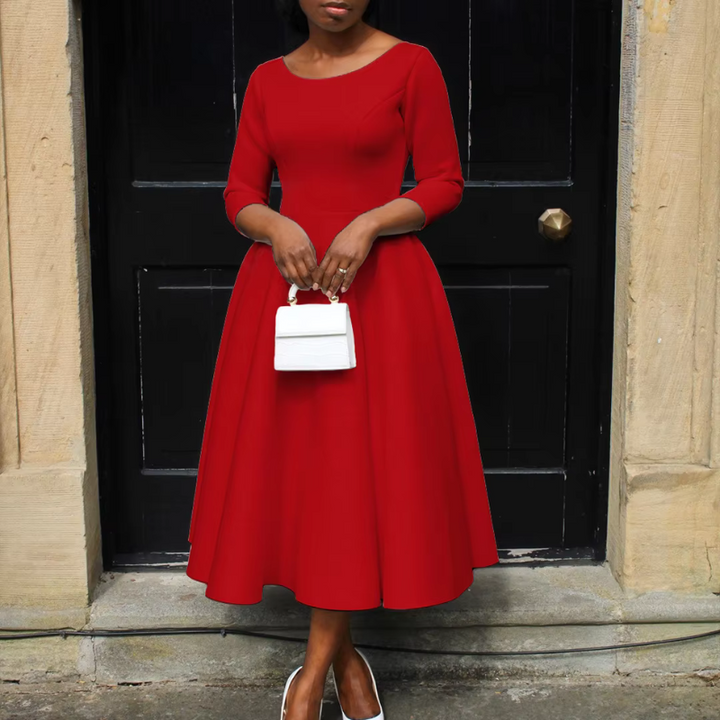 Grace | Scoop Neck Three-Quarter Sleeve Embellished Waist Midi Dress