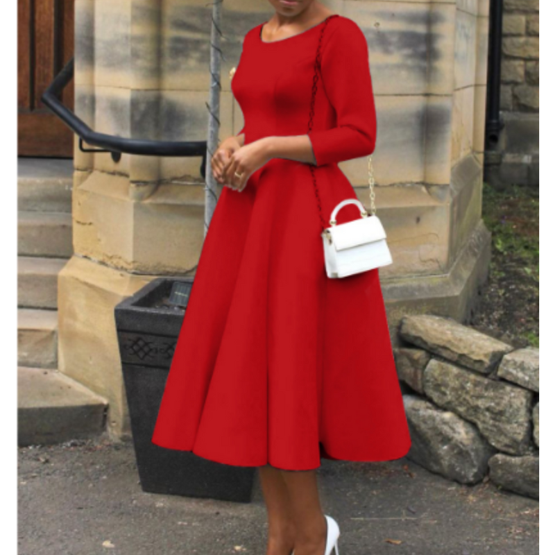 Grace | Scoop Neck Three-Quarter Sleeve Embellished Waist Midi Dress