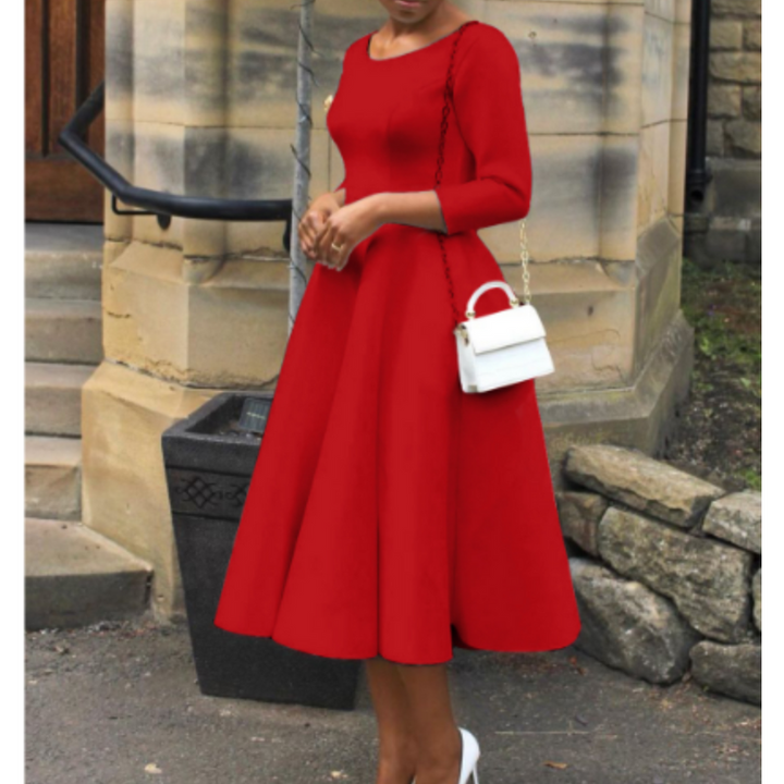 Grace | Scoop Neck Three-Quarter Sleeve Embellished Waist Midi Dress