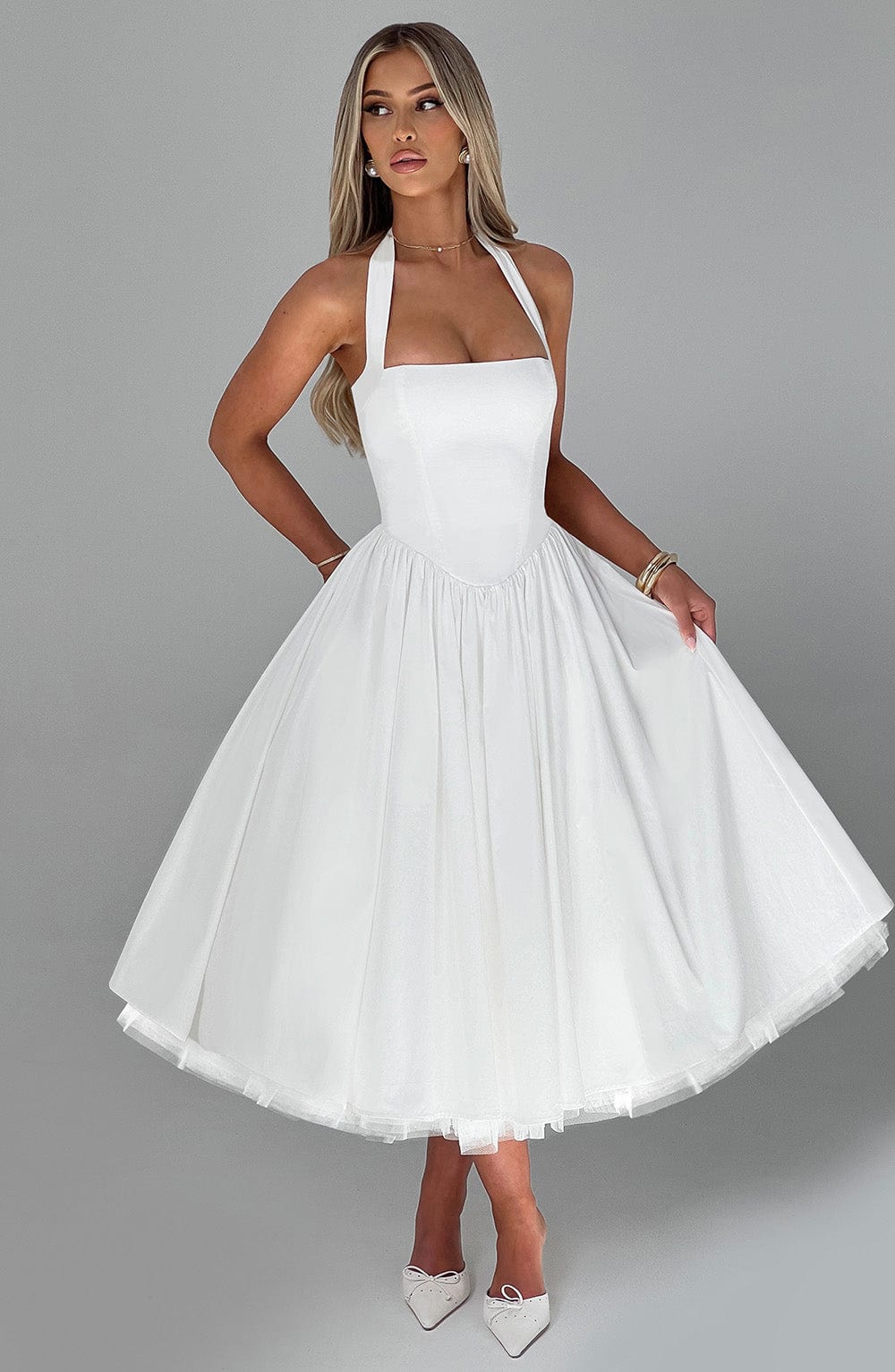 Arabella | Halter Neck Corset Bodice Full Skirt Midi Dress