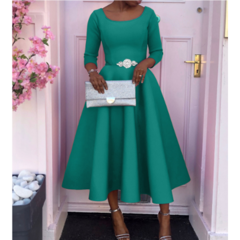 Grace | Scoop Neck Three-Quarter Sleeve Embellished Waist Midi Dress