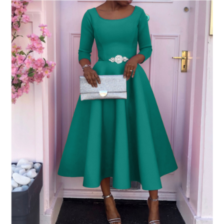 Grace | Scoop Neck Three-Quarter Sleeve Embellished Waist Midi Dress