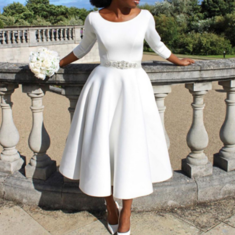 Grace | Scoop Neck Three-Quarter Sleeve Embellished Waist Midi Dress