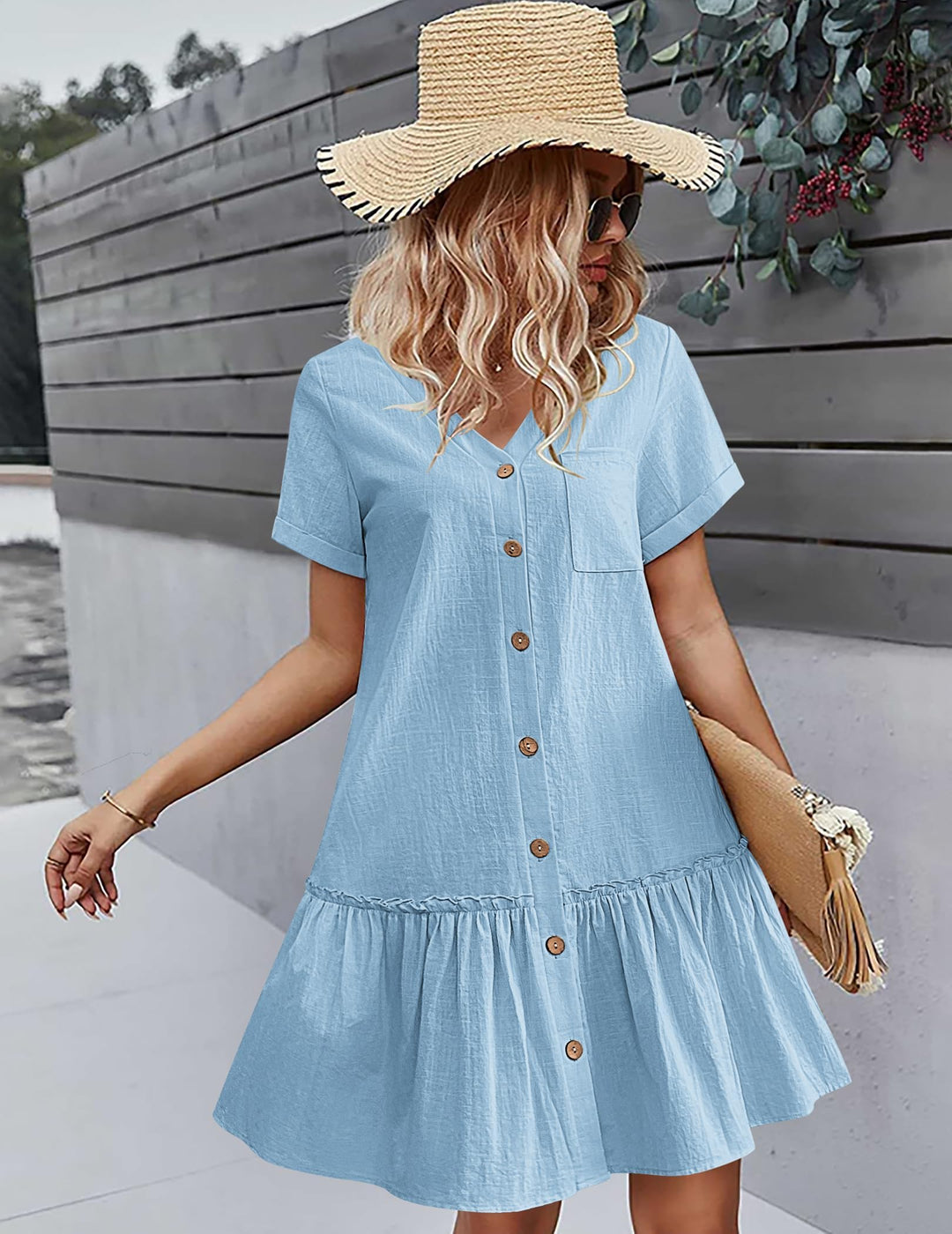 Daisy | Button-Front Frill-Hem Mini Dress