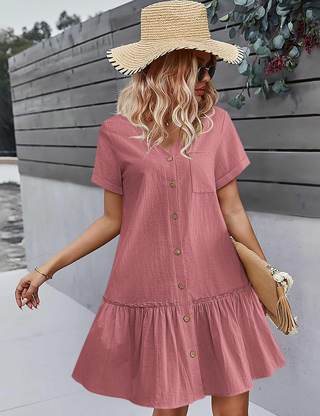 Daisy | Button-Front Frill-Hem Mini Dress