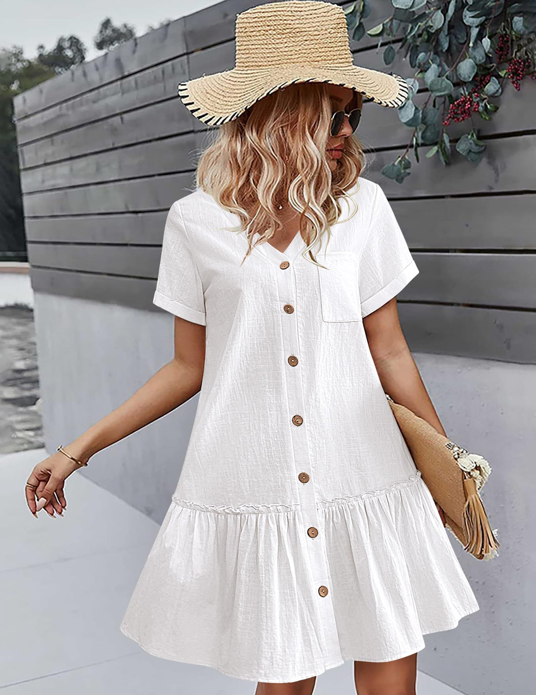 Daisy | Button-Front Frill-Hem Mini Dress