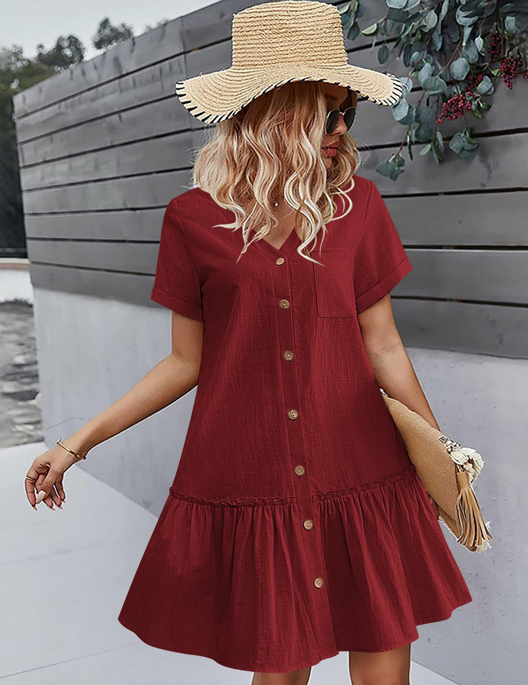Daisy | Button-Front Frill-Hem Mini Dress