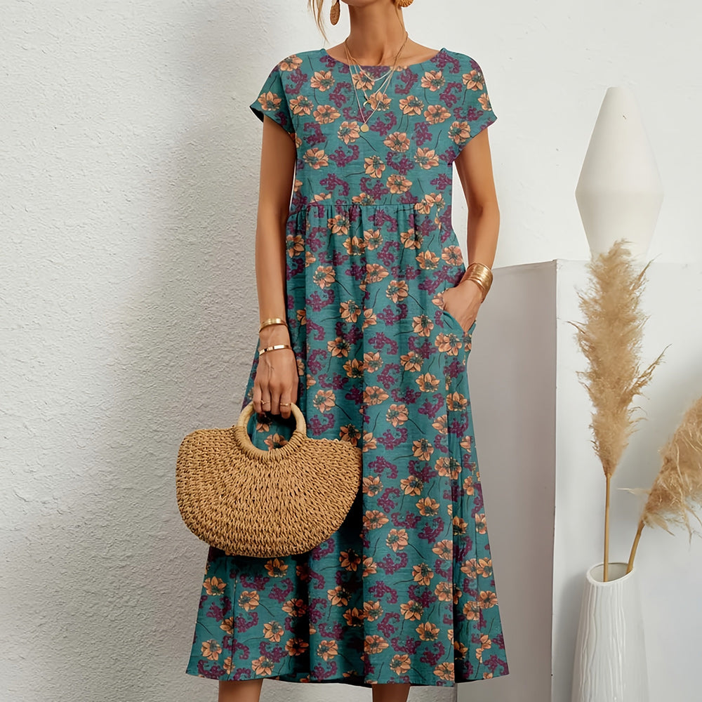 Freya | Women's Floral Maxi Dress Short Sleeve and Pockets