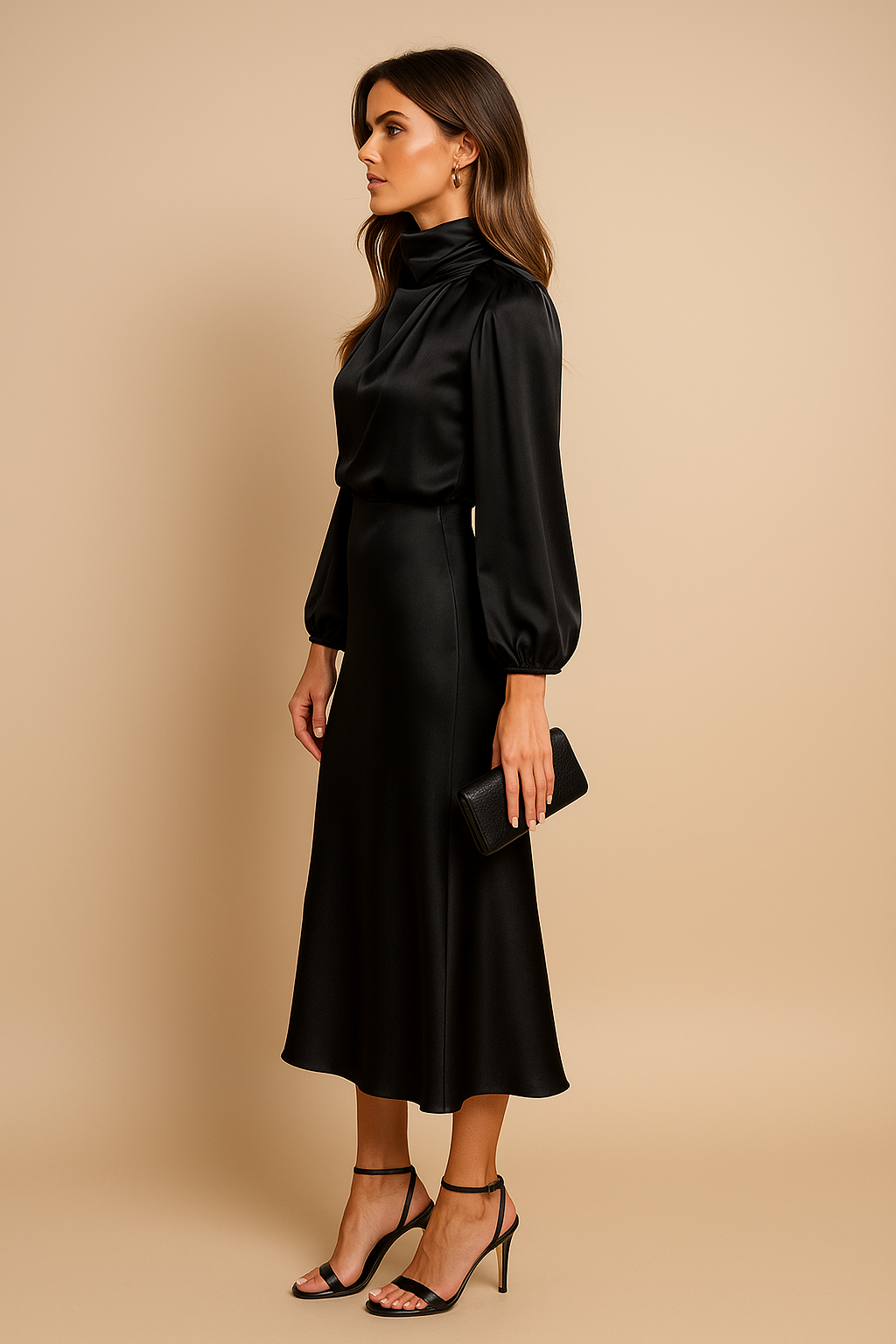 Aurore | Satin Mock-Neck Bishop Sleeve Midi Dress