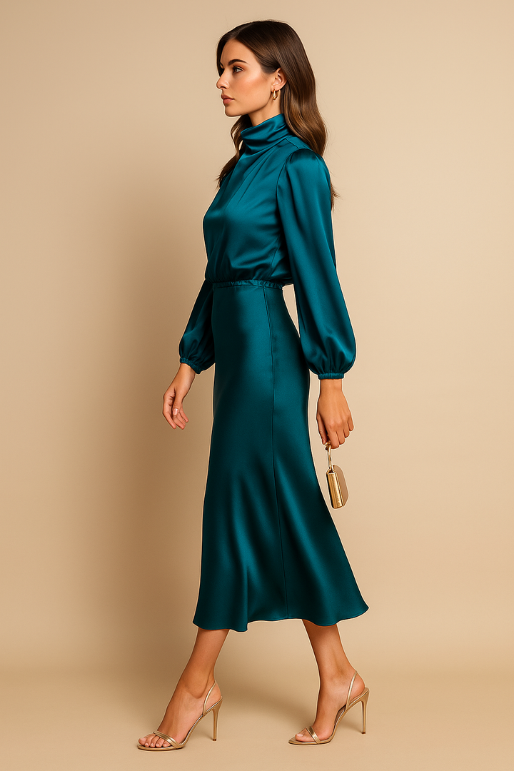 Aurore | Satin Mock-Neck Bishop Sleeve Midi Dress