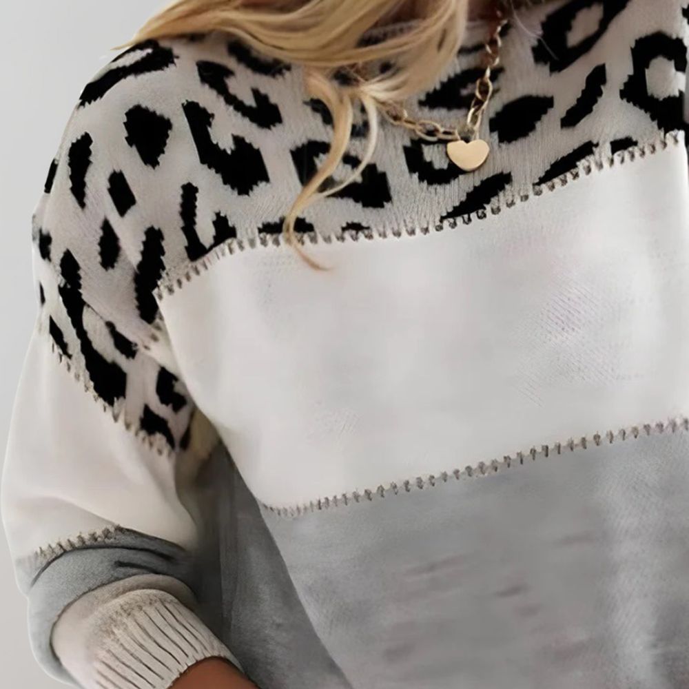 Katrin | Women's Crew Neck Leopard Print Colour Block Jumper