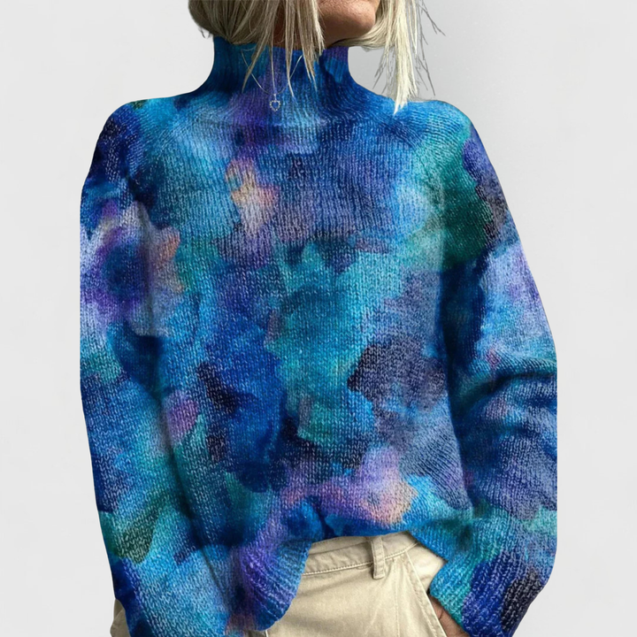 Flora | Floral Jacquard Turtleneck Relaxed Knit Sweater