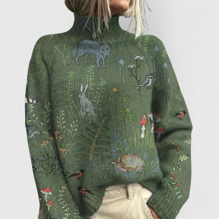 Flora | Floral Jacquard Turtleneck Relaxed Knit Sweater