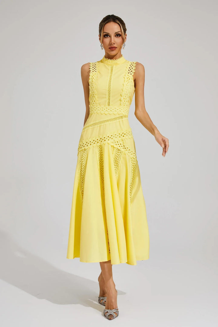 Elara | Mock Neck Eyelet Lace Trim Midi Dress