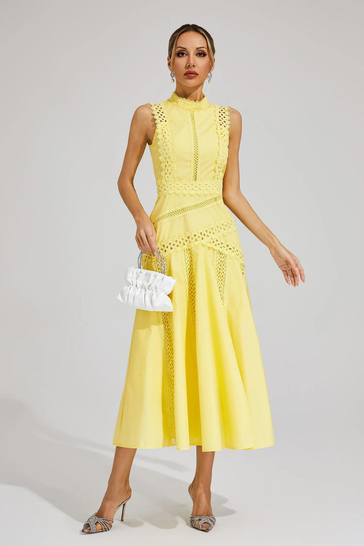 Elara | Mock Neck Eyelet Lace Trim Midi Dress