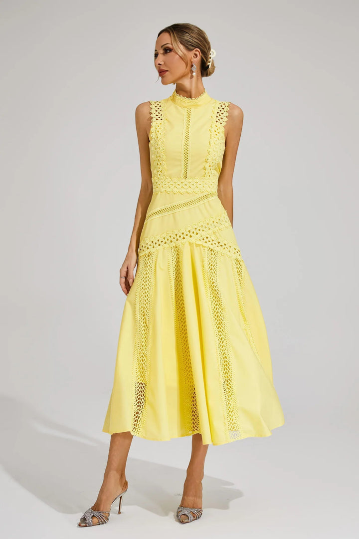 Elara | Mock Neck Eyelet Lace Trim Midi Dress