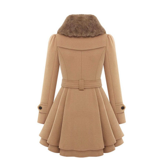 Johanna | Women's Double Breasted Wool Blend Coat Fur Collar Skater Flare Hem Tie Waist Jacket