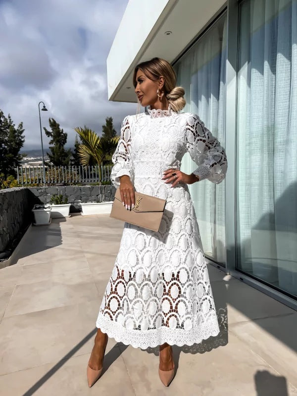 Linda | Women's Lace Balloon Sleeve Cocktail Midi Dress