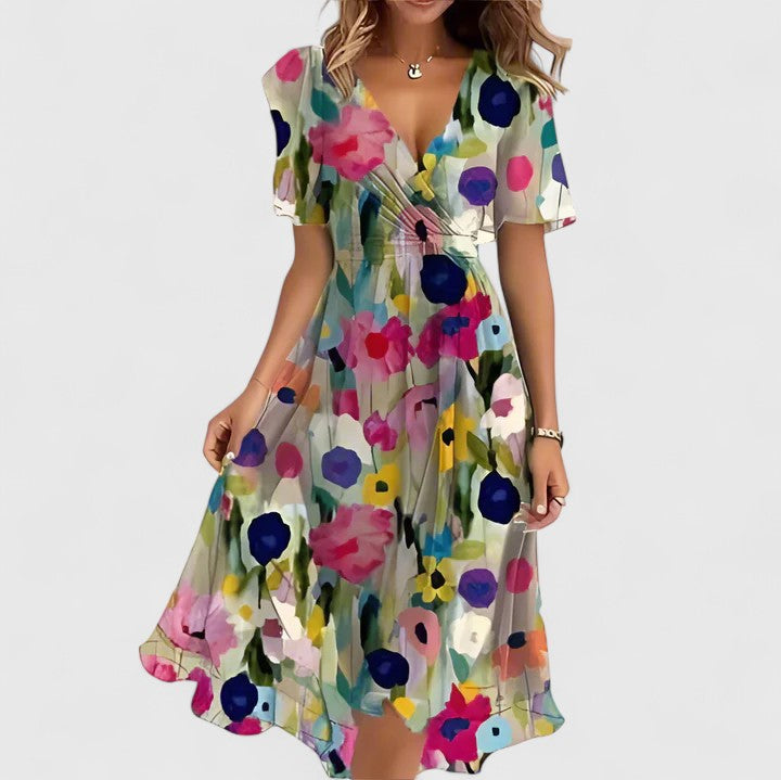 Isla | V-Neck Flutter Sleeve Abstract Print Midi Dress