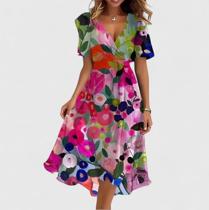 Isla | V-Neck Flutter Sleeve Abstract Print Midi Dress