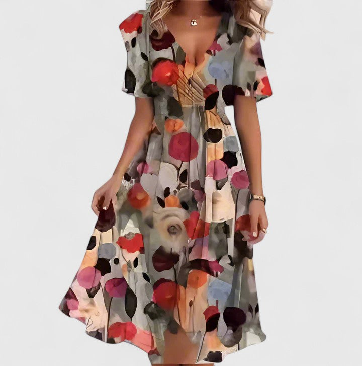 Isla | V-Neck Flutter Sleeve Abstract Print Midi Dress
