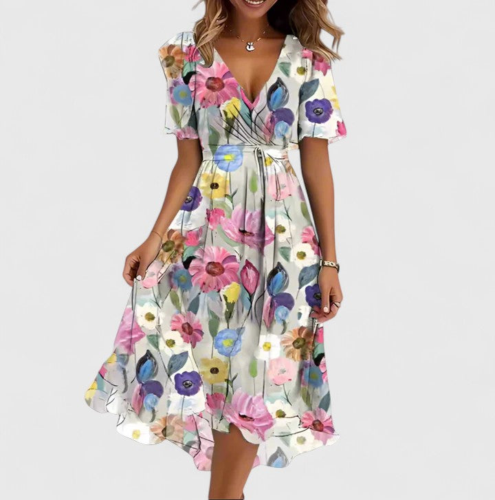 Isla | V-Neck Flutter Sleeve Abstract Print Midi Dress