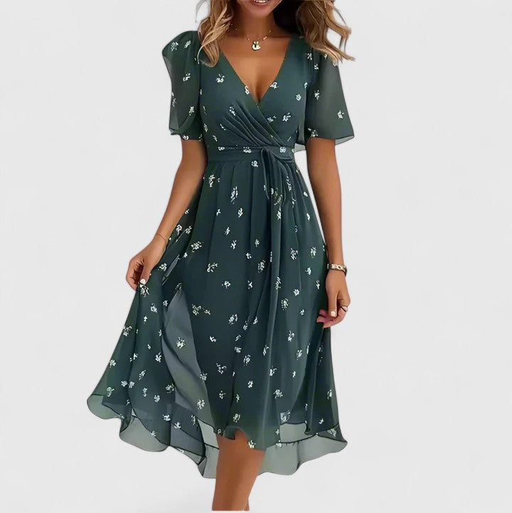 Isla | V-Neck Flutter Sleeve Abstract Print Midi Dress