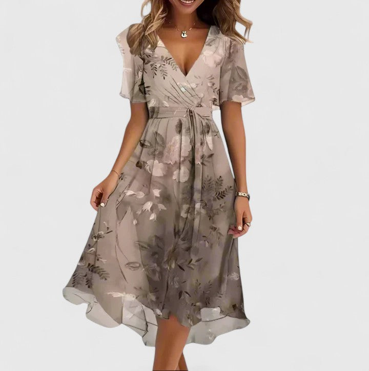 Isla | V-Neck Flutter Sleeve Abstract Print Midi Dress