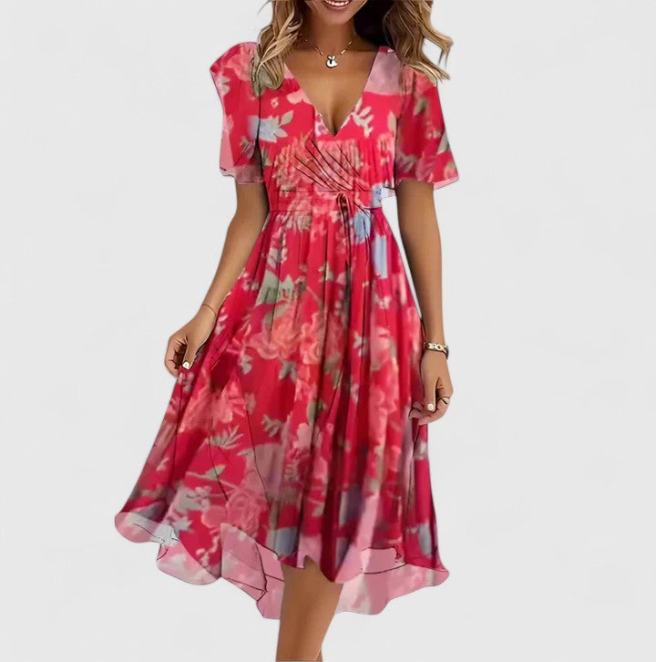 Isla | V-Neck Flutter Sleeve Abstract Print Midi Dress