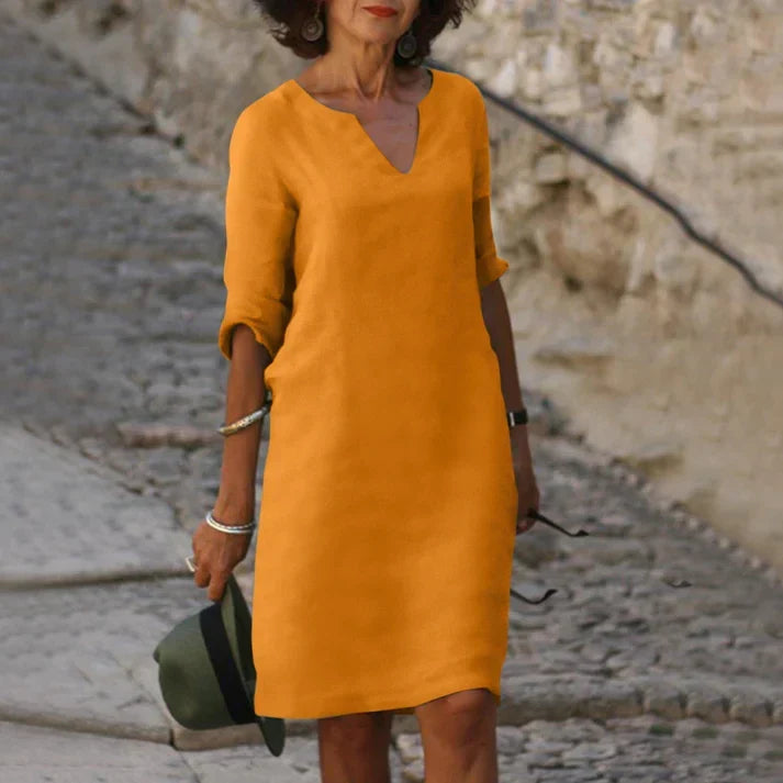 Noor | Women's V Neck Midi Dress with Sleeves
