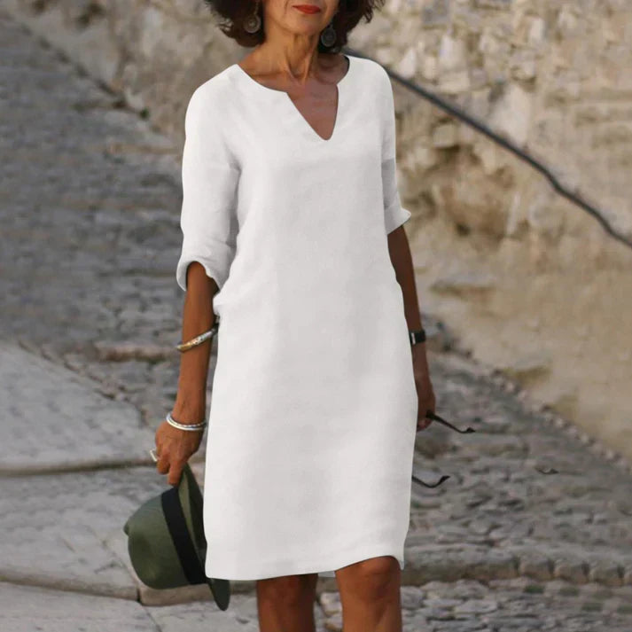 Noor | Women's V Neck Midi Dress with Sleeves