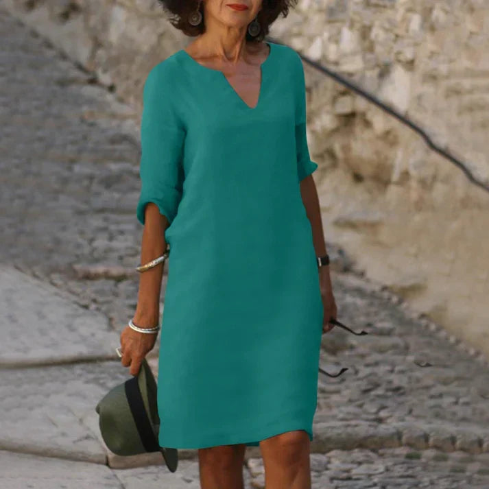 Noor | Women's V Neck Midi Dress with Sleeves