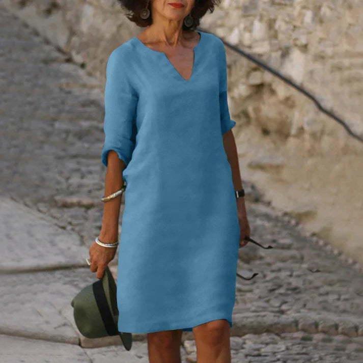 Noor | Women's V Neck Midi Dress with Sleeves